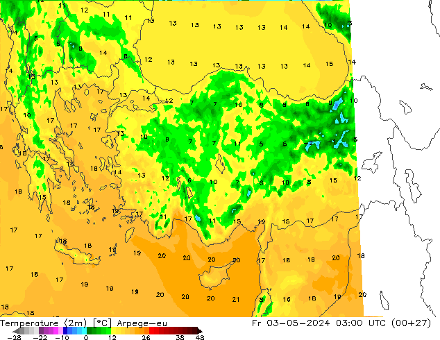 Temperatura (2m) Arpege-eu Sex 03.05.2024 03 UTC