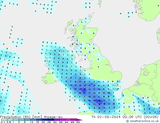 Precipitation (6h) Arpege-eu Th 02.05.2024 06 UTC