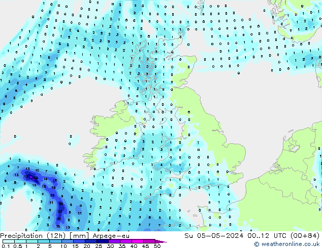 Totale neerslag (12h) Arpege-eu zo 05.05.2024 12 UTC