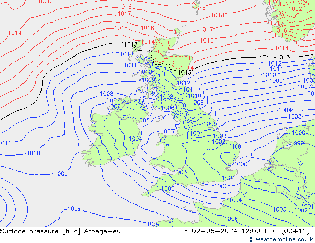 Surface pressure Arpege-eu Th 02.05.2024 12 UTC