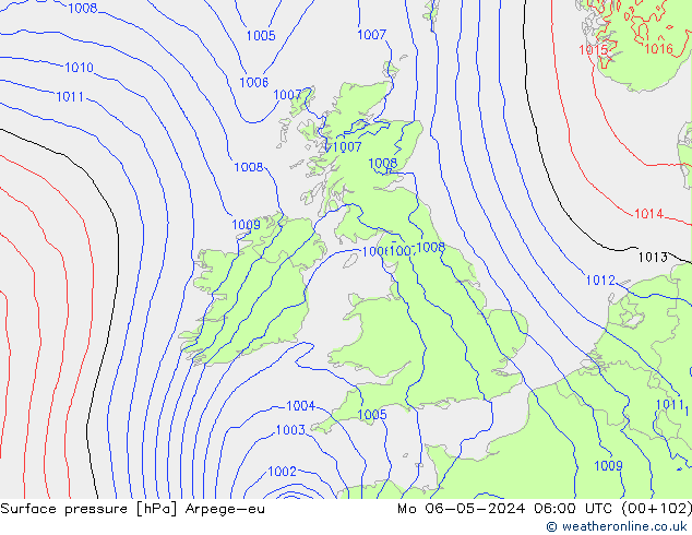 Surface pressure Arpege-eu Mo 06.05.2024 06 UTC