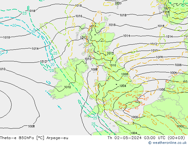 Theta-e 850hPa Arpege-eu  02.05.2024 03 UTC