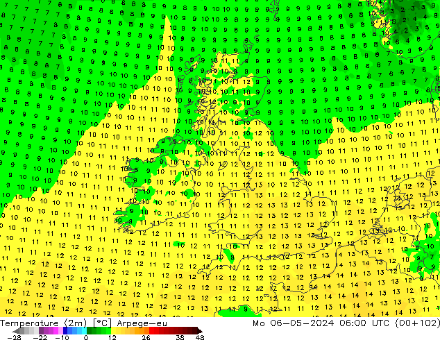 température (2m) Arpege-eu lun 06.05.2024 06 UTC