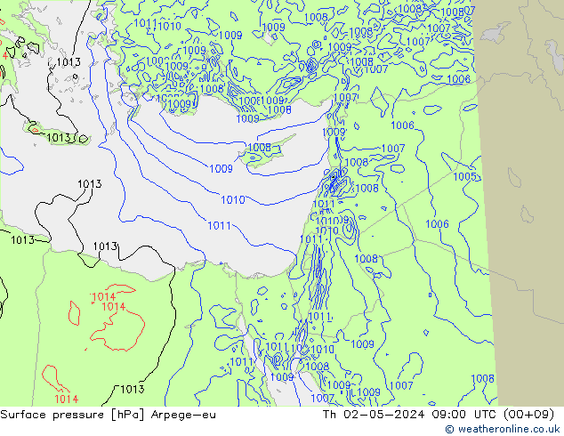 Presión superficial Arpege-eu jue 02.05.2024 09 UTC