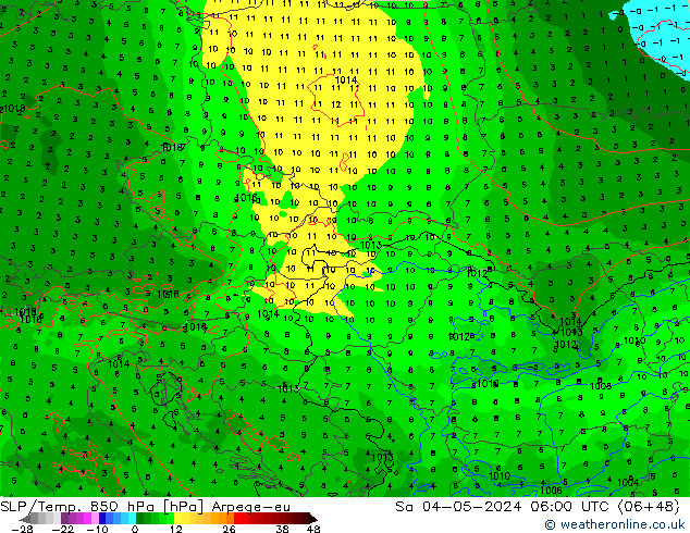 SLP/Temp. 850 hPa Arpege-eu So 04.05.2024 06 UTC