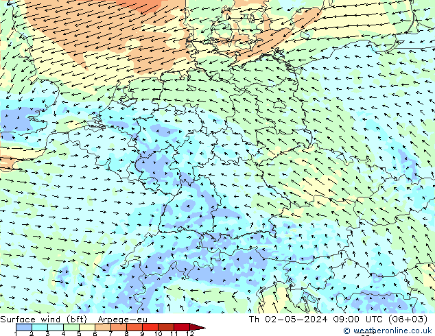 Surface wind (bft) Arpege-eu Th 02.05.2024 09 UTC
