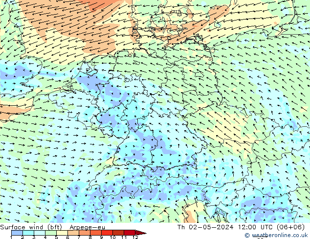 Wind 10 m (bft) Arpege-eu do 02.05.2024 12 UTC