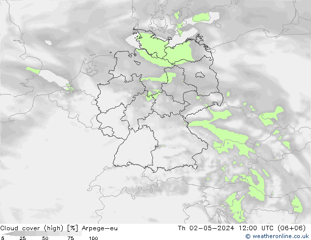 Cloud cover (high) Arpege-eu Th 02.05.2024 12 UTC