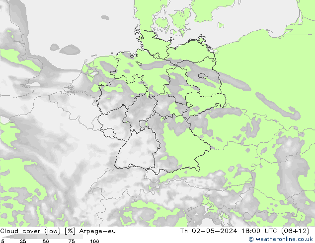 Cloud cover (low) Arpege-eu Th 02.05.2024 18 UTC