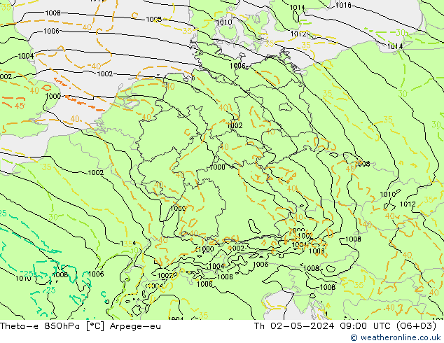 Theta-e 850hPa Arpege-eu 星期四 02.05.2024 09 UTC