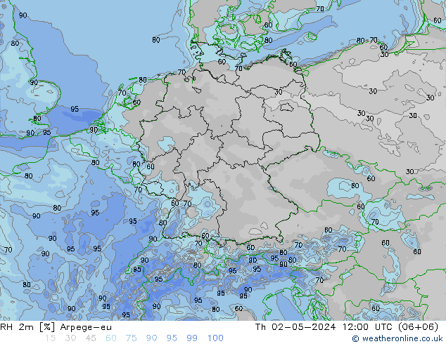 RH 2m Arpege-eu Čt 02.05.2024 12 UTC