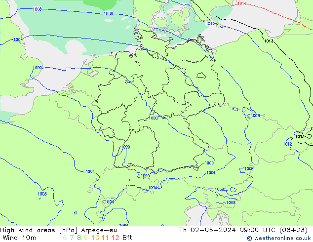 High wind areas Arpege-eu jue 02.05.2024 09 UTC