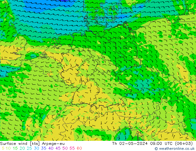 Surface wind Arpege-eu Čt 02.05.2024 09 UTC