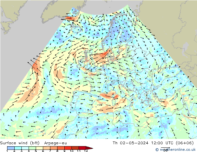 Vento 10 m (bft) Arpege-eu gio 02.05.2024 12 UTC