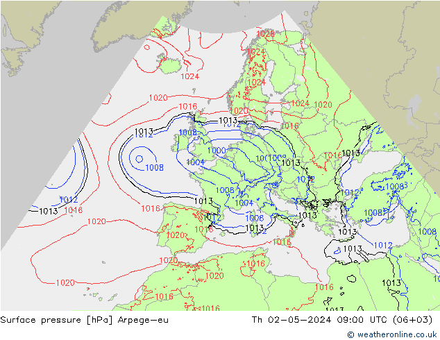 Atmosférický tlak Arpege-eu Čt 02.05.2024 09 UTC