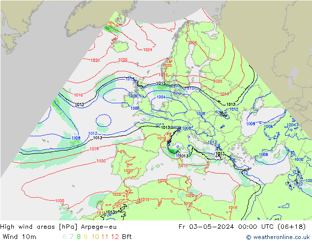 High wind areas Arpege-eu ven 03.05.2024 00 UTC