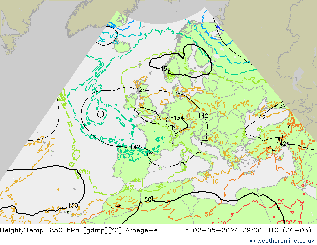 Hoogte/Temp. 850 hPa Arpege-eu do 02.05.2024 09 UTC