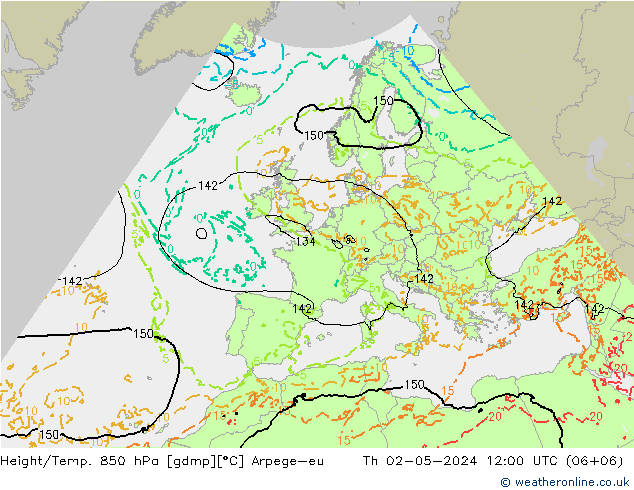 Height/Temp. 850 hPa Arpege-eu Th 02.05.2024 12 UTC