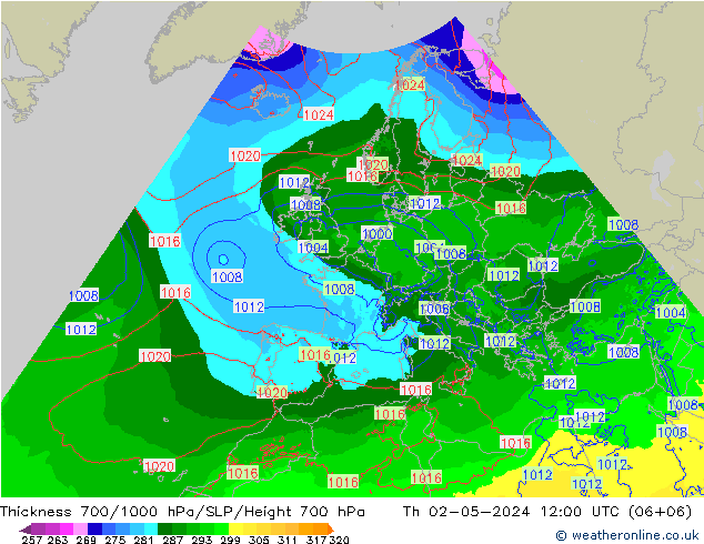 Thck 700-1000 hPa Arpege-eu  02.05.2024 12 UTC