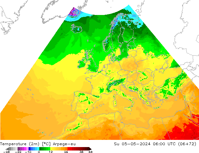 Temperatura (2m) Arpege-eu Dom 05.05.2024 06 UTC