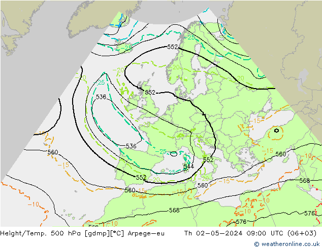 Hoogte/Temp. 500 hPa Arpege-eu do 02.05.2024 09 UTC