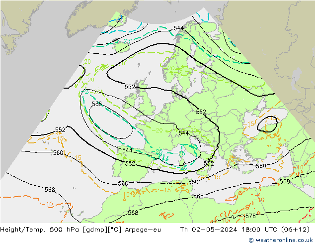 Height/Temp. 500 hPa Arpege-eu Th 02.05.2024 18 UTC