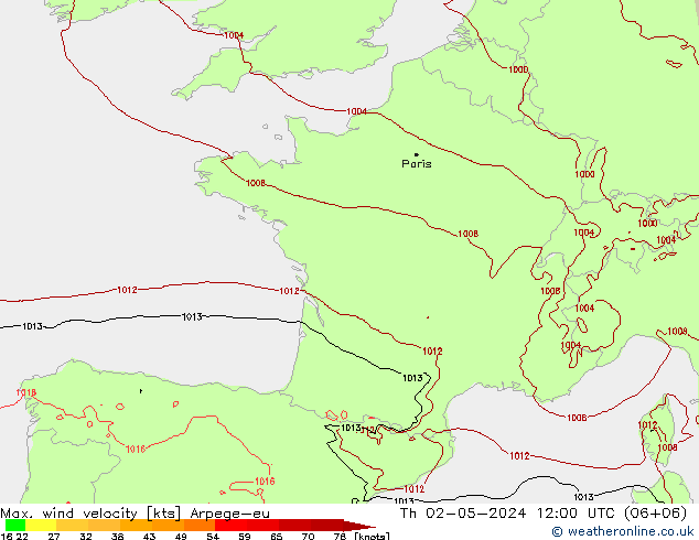 Max. wind velocity Arpege-eu чт 02.05.2024 12 UTC