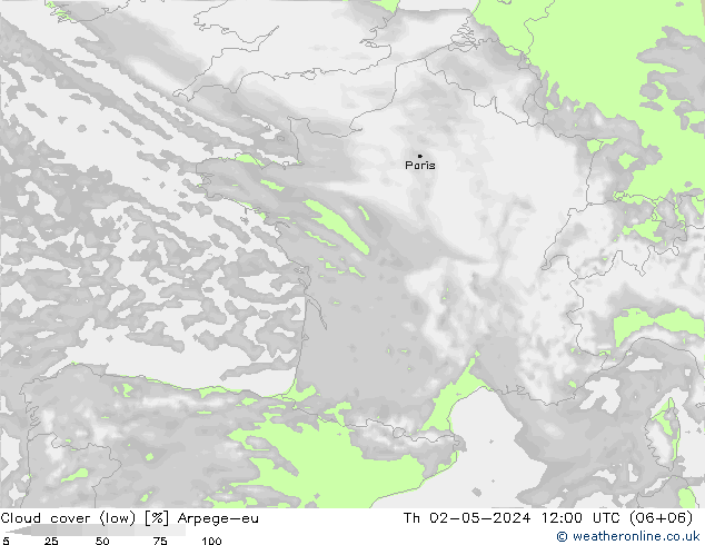 Cloud cover (low) Arpege-eu Th 02.05.2024 12 UTC