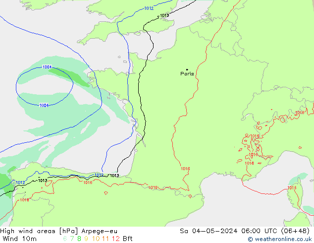 High wind areas Arpege-eu Sa 04.05.2024 06 UTC