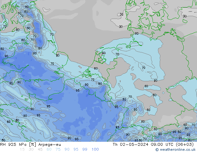 RH 925 hPa Arpege-eu czw. 02.05.2024 09 UTC