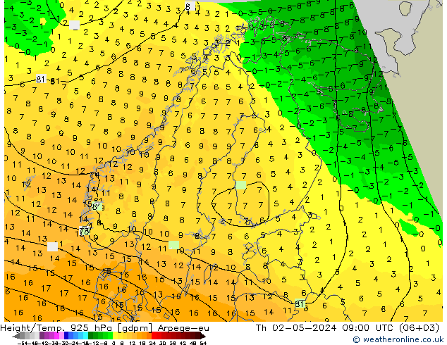 Height/Temp. 925 hPa Arpege-eu Th 02.05.2024 09 UTC