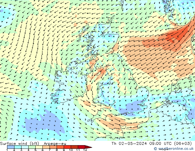 Rüzgar 10 m (bft) Arpege-eu Per 02.05.2024 09 UTC