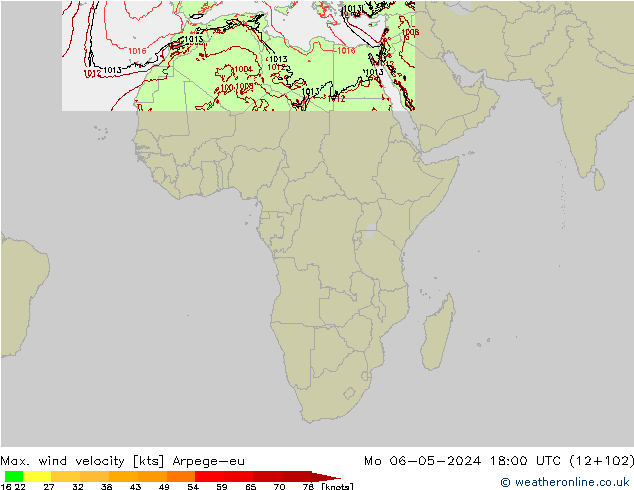 Max. wind velocity Arpege-eu Mo 06.05.2024 18 UTC
