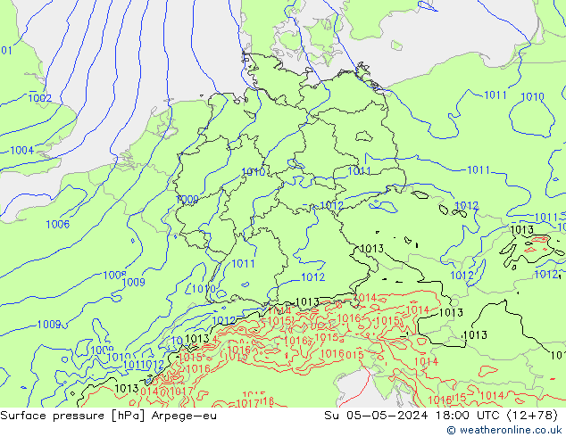 Pressione al suolo Arpege-eu dom 05.05.2024 18 UTC