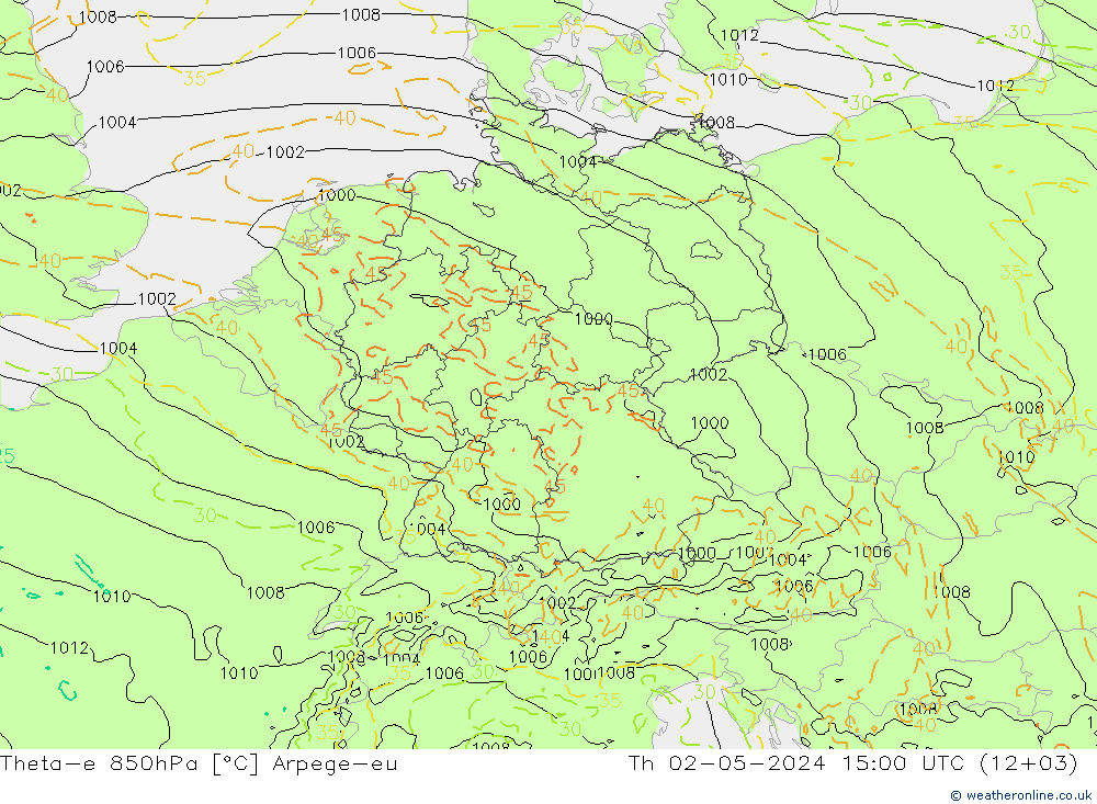 Theta-e 850hPa Arpege-eu 星期四 02.05.2024 15 UTC