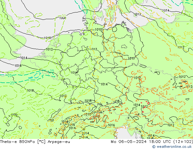 Theta-e 850hPa Arpege-eu Mo 06.05.2024 18 UTC