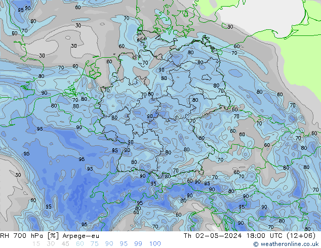 Humedad rel. 700hPa Arpege-eu jue 02.05.2024 18 UTC