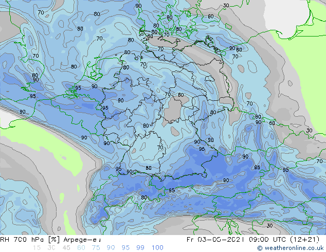 Humedad rel. 700hPa Arpege-eu vie 03.05.2024 09 UTC