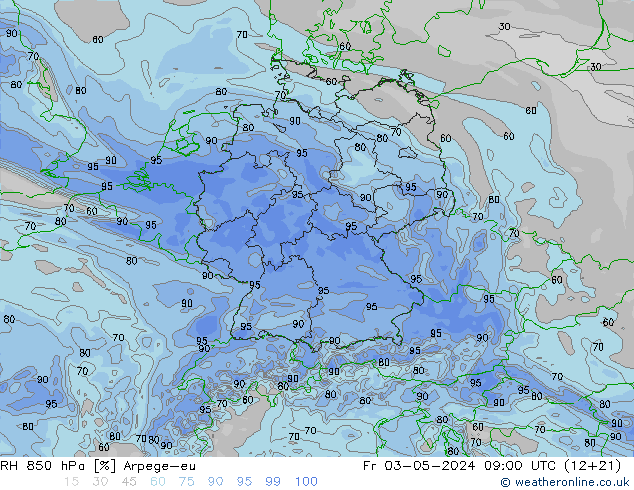 RH 850 hPa Arpege-eu Fr 03.05.2024 09 UTC