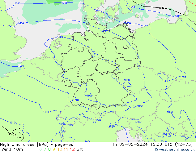 High wind areas Arpege-eu чт 02.05.2024 15 UTC