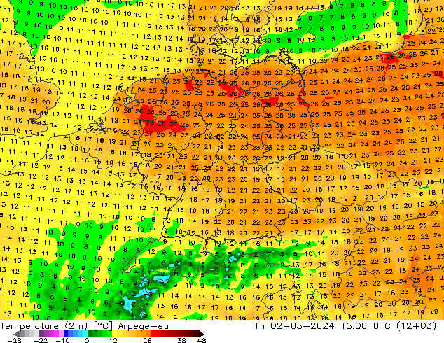 Temperatura (2m) Arpege-eu jue 02.05.2024 15 UTC