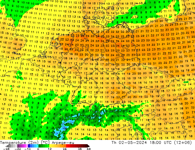 Temperatura (2m) Arpege-eu jue 02.05.2024 18 UTC
