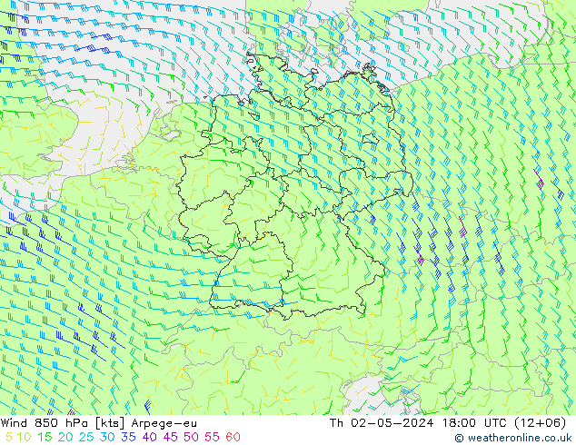 Viento 850 hPa Arpege-eu jue 02.05.2024 18 UTC