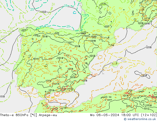 Theta-e 850hPa Arpege-eu ma 06.05.2024 18 UTC