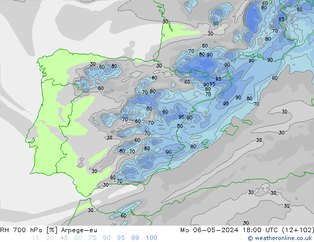 RH 700 hPa Arpege-eu Mo 06.05.2024 18 UTC