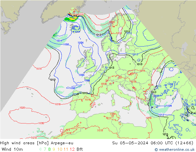 High wind areas Arpege-eu Su 05.05.2024 06 UTC