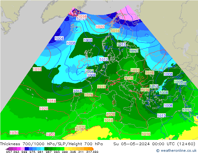 Thck 700-1000 hPa Arpege-eu Su 05.05.2024 00 UTC