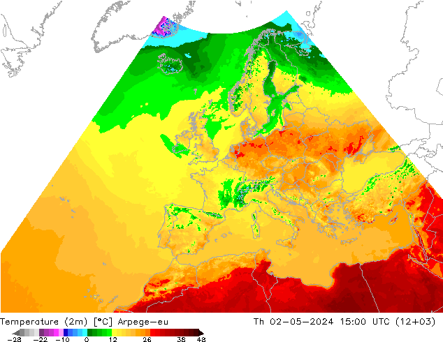 Temperaturkarte (2m) Arpege-eu Do 02.05.2024 15 UTC