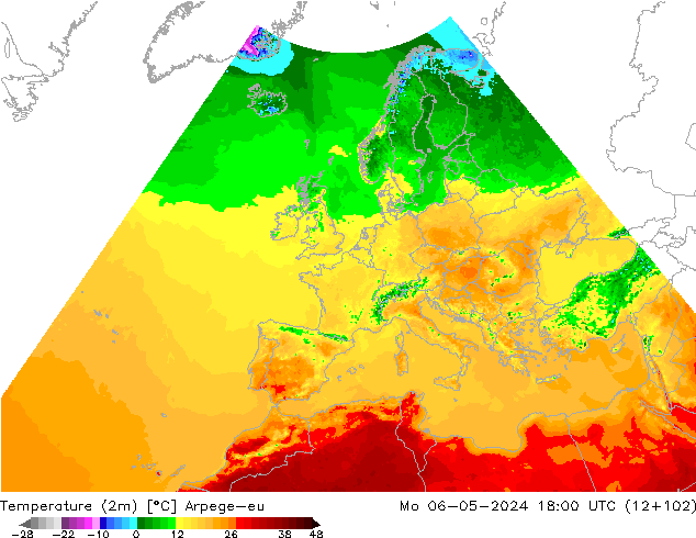 Temperaturkarte (2m) Arpege-eu Mo 06.05.2024 18 UTC