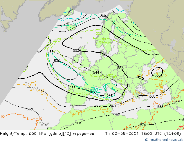 Height/Temp. 500 hPa Arpege-eu Th 02.05.2024 18 UTC